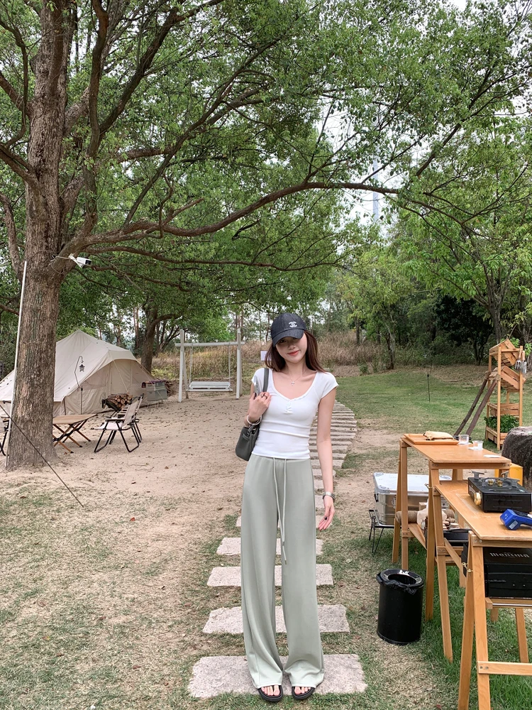 

Summer New Women's Elastic Waist Dstring Cool Sensation Soft Straight Casual Pants Loose Wide Leg Floor-Length Trousers