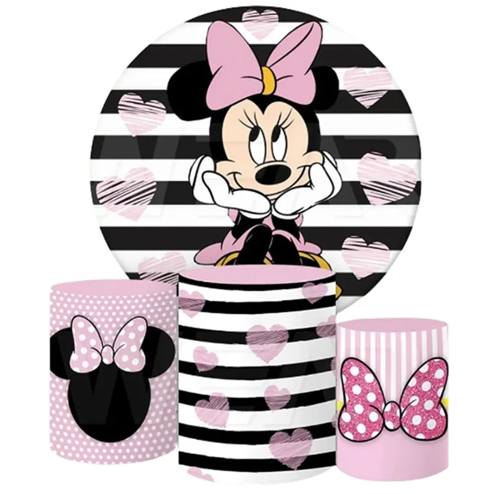 

Minnie Mouse Round Backdrop 3 Cylinder Cover 4 Piece Elastic Background For Photography Baby Shower Birthday Party Decor Props