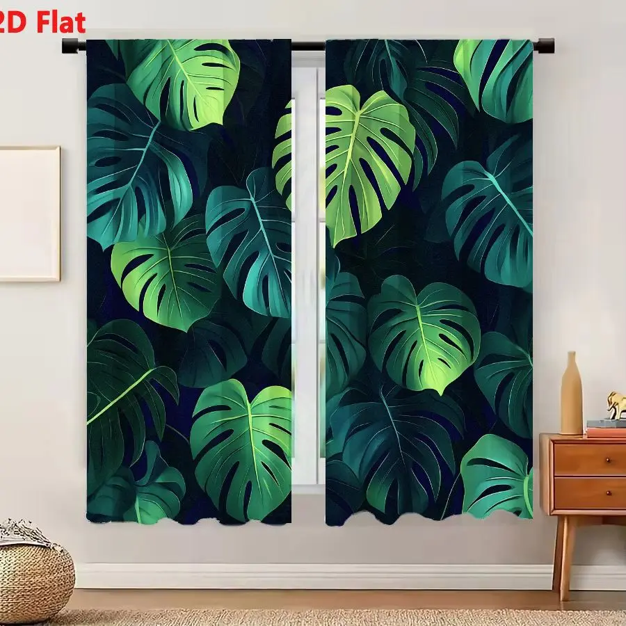 2Pcs Curtains 2D Flat Vibrant Monstera Leaves Pattern In Various Green Shades On Navy Blue Background Window Drapes for Bedroom