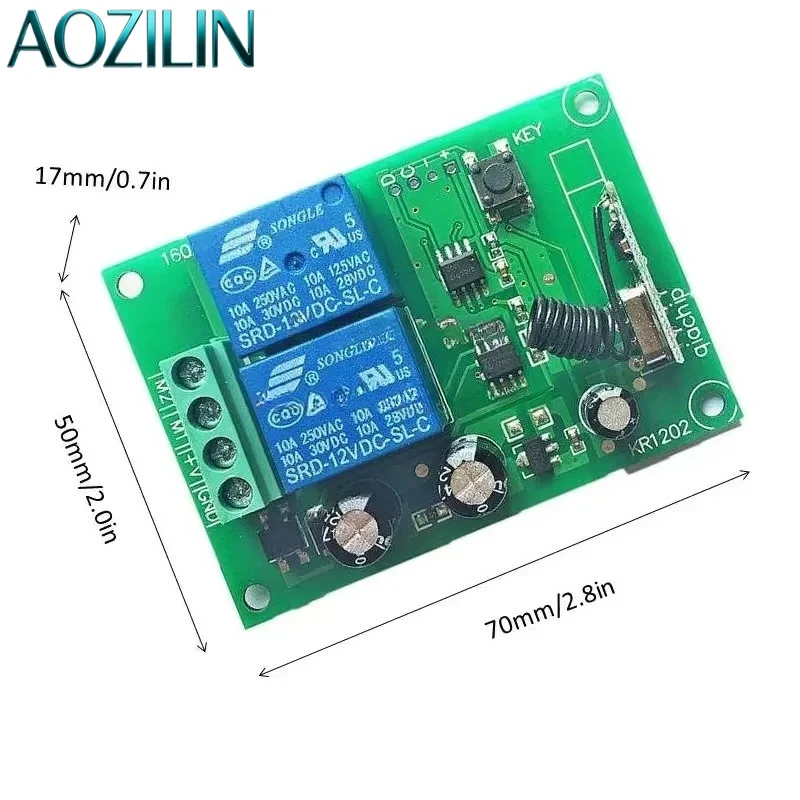 AOZILIN DC12V 2 Channel 433MHz RF Remote Relay Switch Receiver with Keychain Transmitter for Garage Control