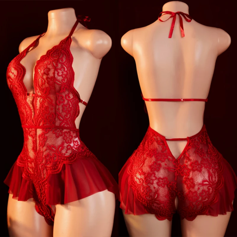 New  Crotchless Blue  Lingerie Women Lace Hollow Bodysuit  Pajamas Teddy Babydoll Dress Deep V Open Bra Porn Set