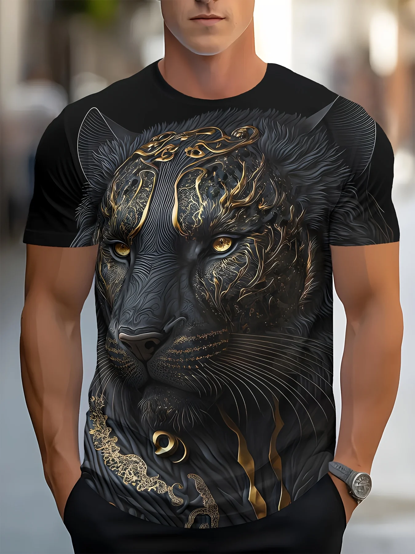 Men's Luxury Golden Pattern Black Panther 3D Graphic T-Shirt Animal Leopard Print Crew Neck Short Sleeve Casual Black Tee