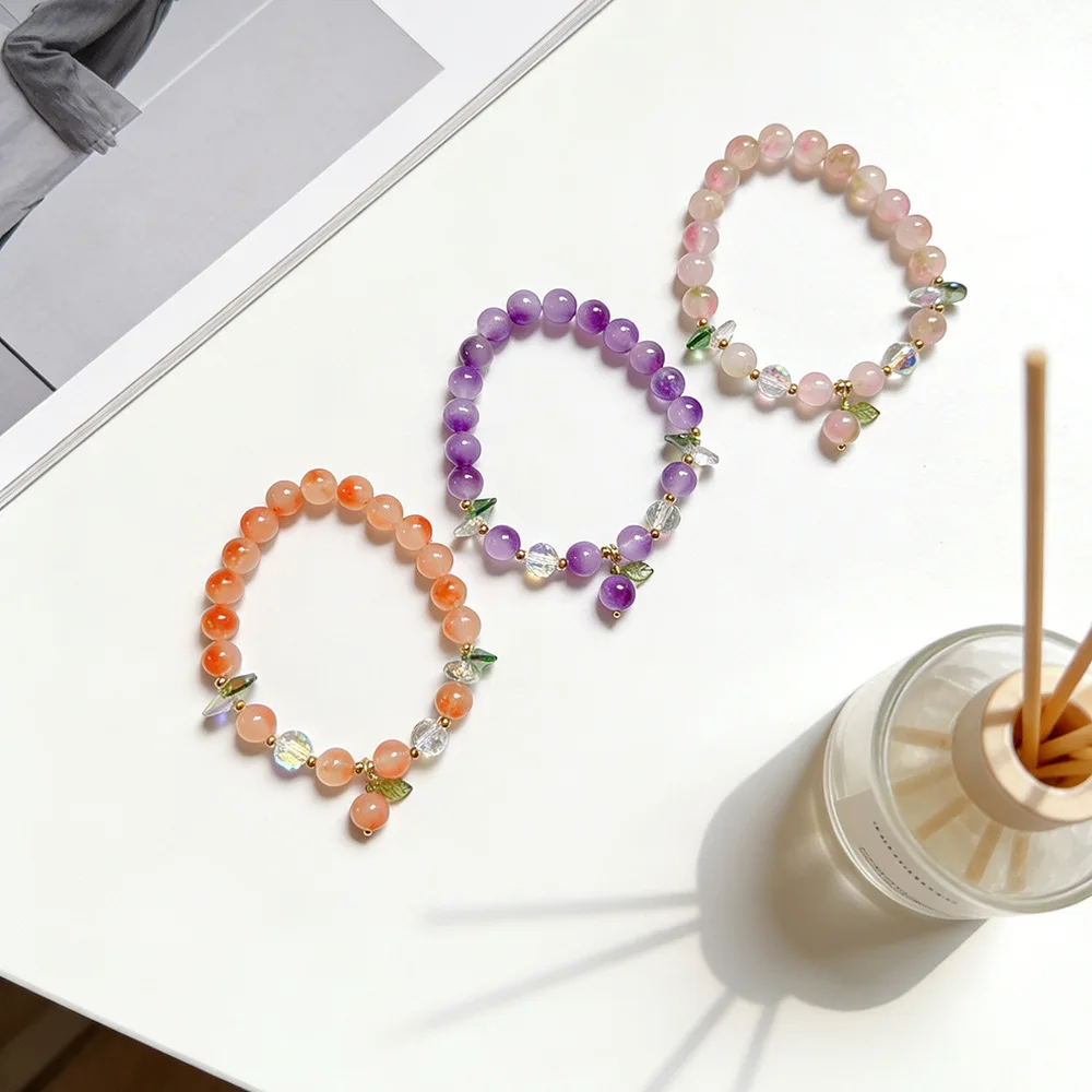 

2026 New Gradient Pink/Purple/Orange Crystal Beaded Bracelet Women Cute Plant Charm Stretch Bangle Minimalist Fashion Jewelry