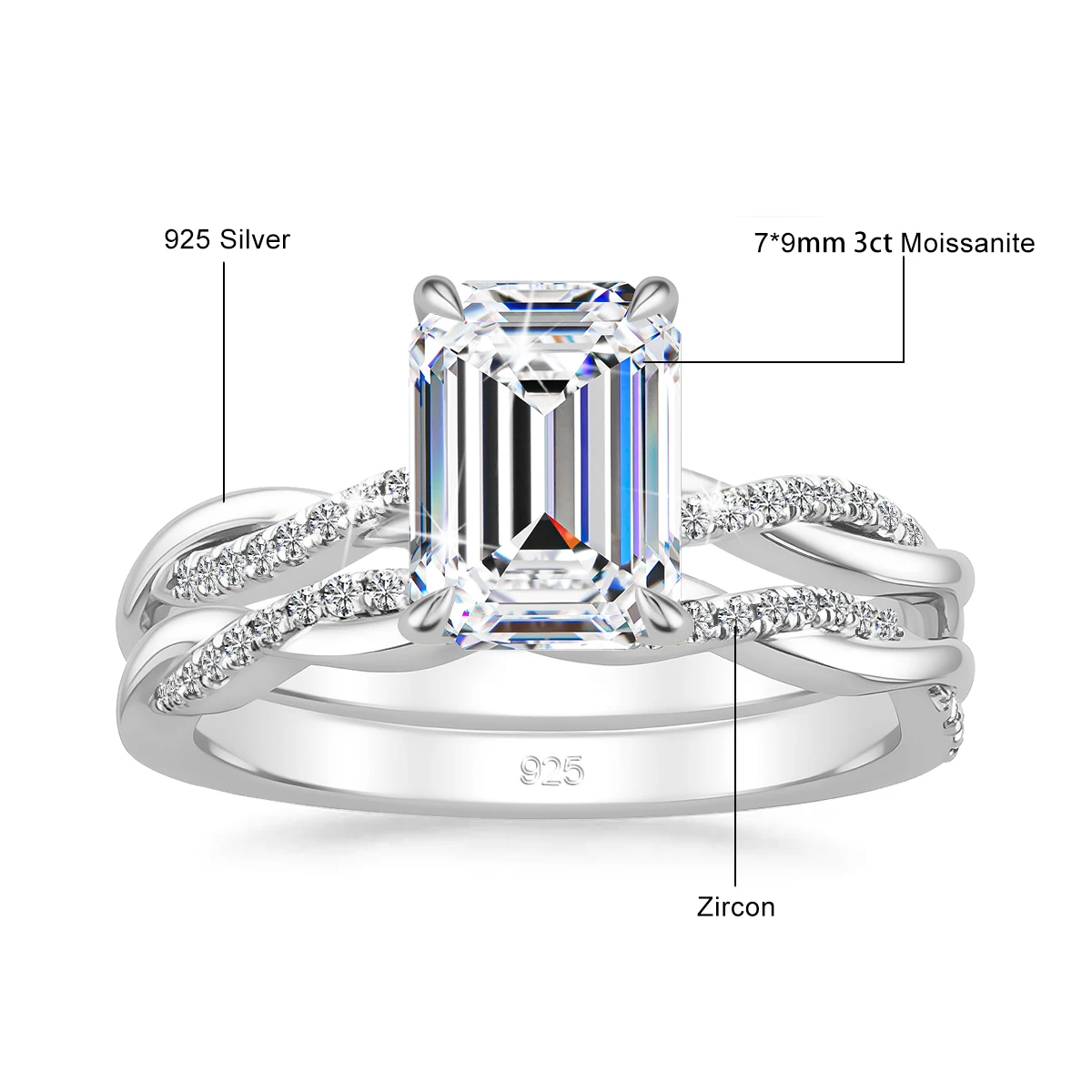 3ct Smaragdschliff D-Farbe Moissanit Halo Brautring-Set Ehering 925 Silberringe für Damen Feiner Schmuck – Detail 1