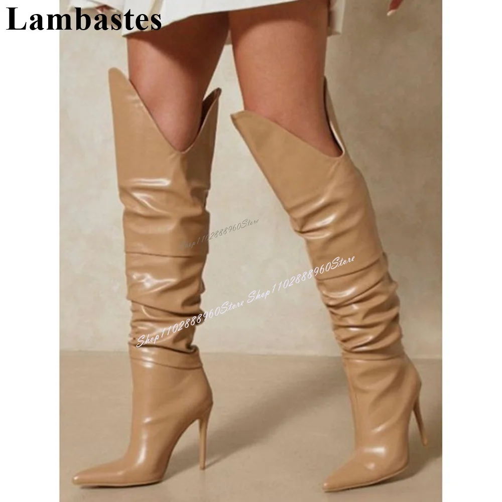 Knee High Khaki Pleated Leather V-top Boots Thin High Heel Women Shoes Slip-On Pointed Toe 2024 Fashionable Zapatos Para Mujere