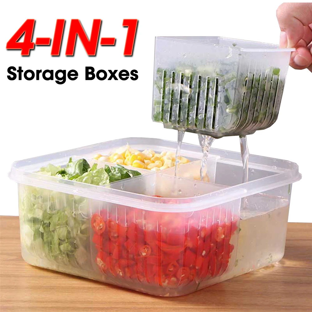 4-IN-1 Kitchen Drain Basket Storage Containers Fridge Fresh-keeping Boxes Vegetable Fruit Separation Box Kitchen Organize Tool