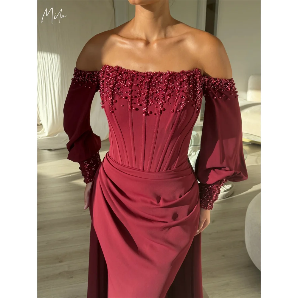 

Платья для выпускного вечера с длинными рукавами и фонариками Mila Bead, бордовые платья с открытыми плечами, вечерние платья со шлейфом по индивидуальному заказу, платья de fiesta