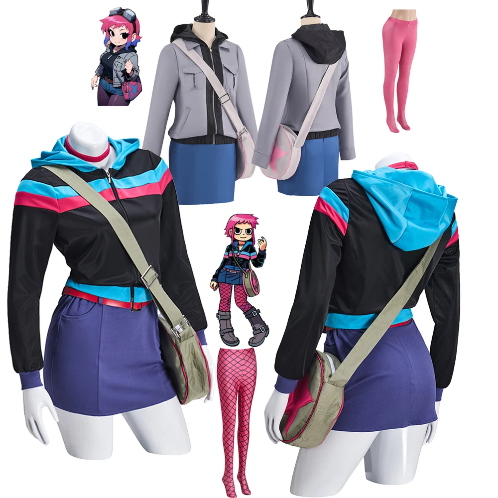 Scott Pilgrim Cosplay Ramona Blumen Cosplay Kostüm Mantel Jacke Rock Halloween Outfit Ganzanzug mit Tasche Leggings Zubehör