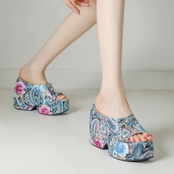 Plus Size 34-43 National Style Women's Slippers Summer Printing Flowers Wedges Shoes Thick Platform Ladies Vacation Beach Slides