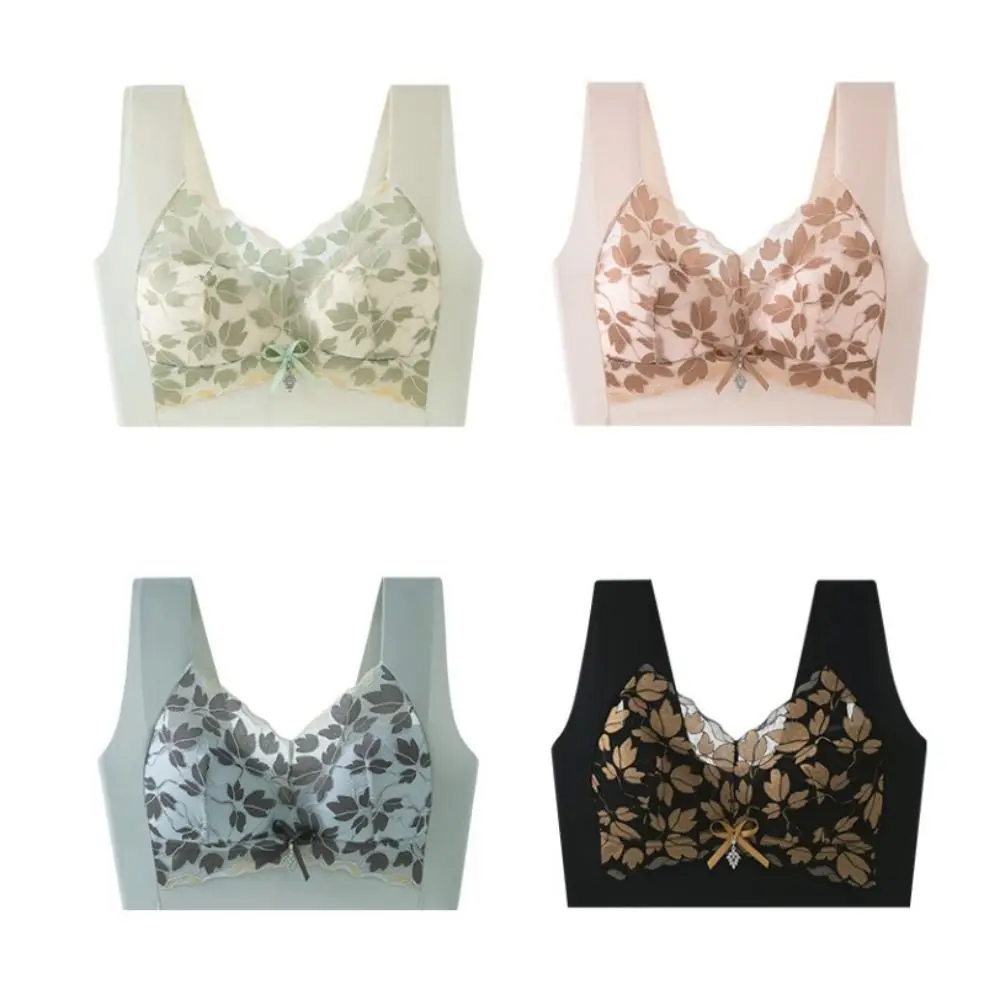 Soft Leaf Lace Deep V Bras Bowknot Big Cup Push Up Bras Gathered Breasts Zircon Wireless Bras Running