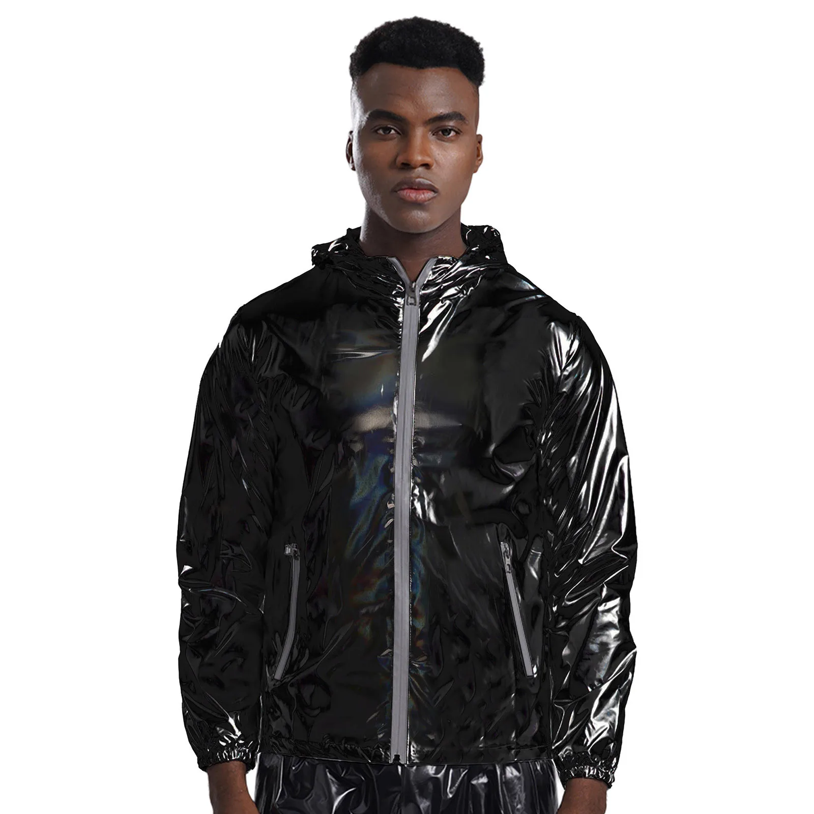 Mens Shiny Waterproof PVC Leather Jacket Tops Raincoat Hooded Long Sleeve Front Zipper Jacket Racer Style Jacket Coat Tops