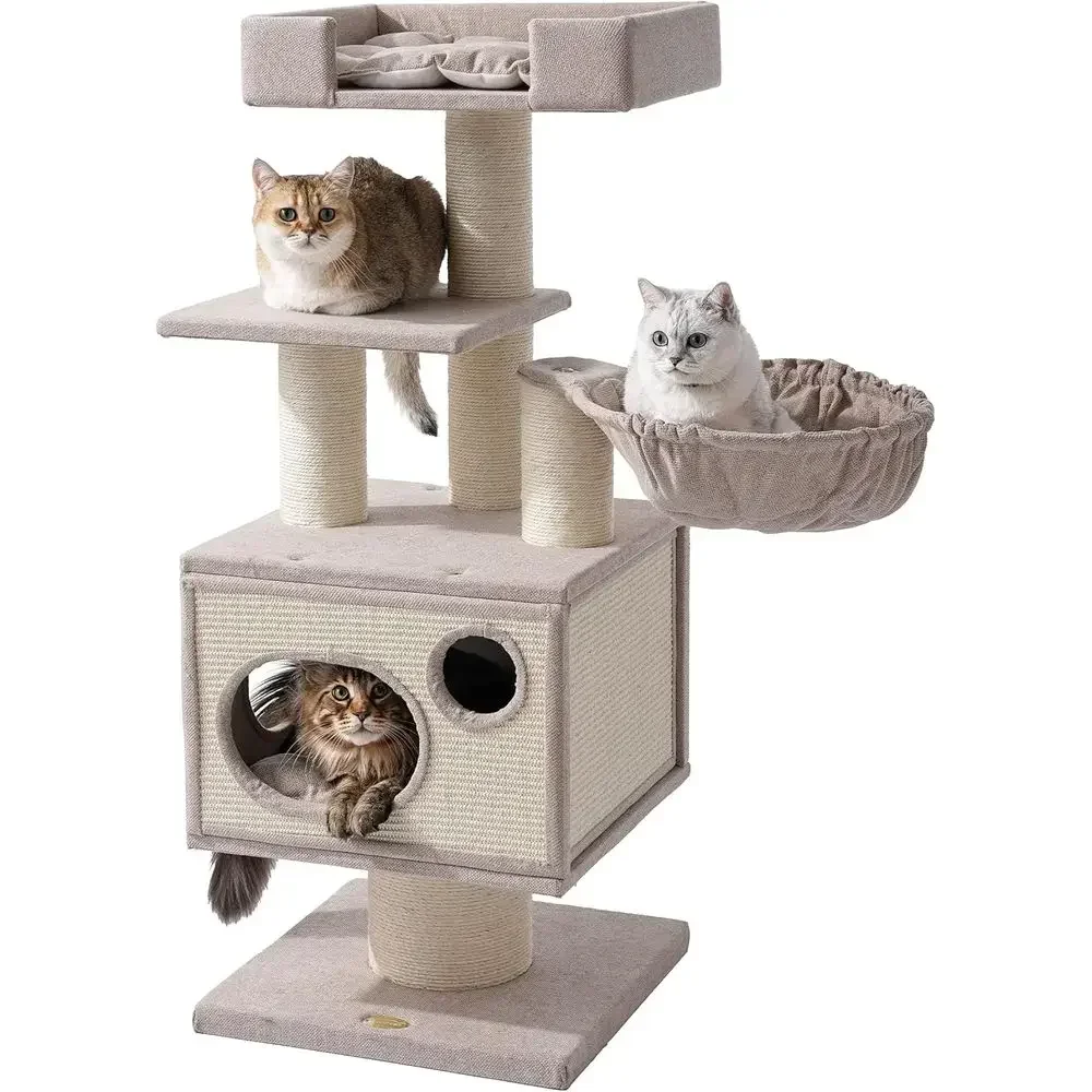 Sturdy Large Cat Tower for Heavy Cats, 20 lbs+, with Sisal Post, Hammock, Perch, Condo, and Bed (Beige)
