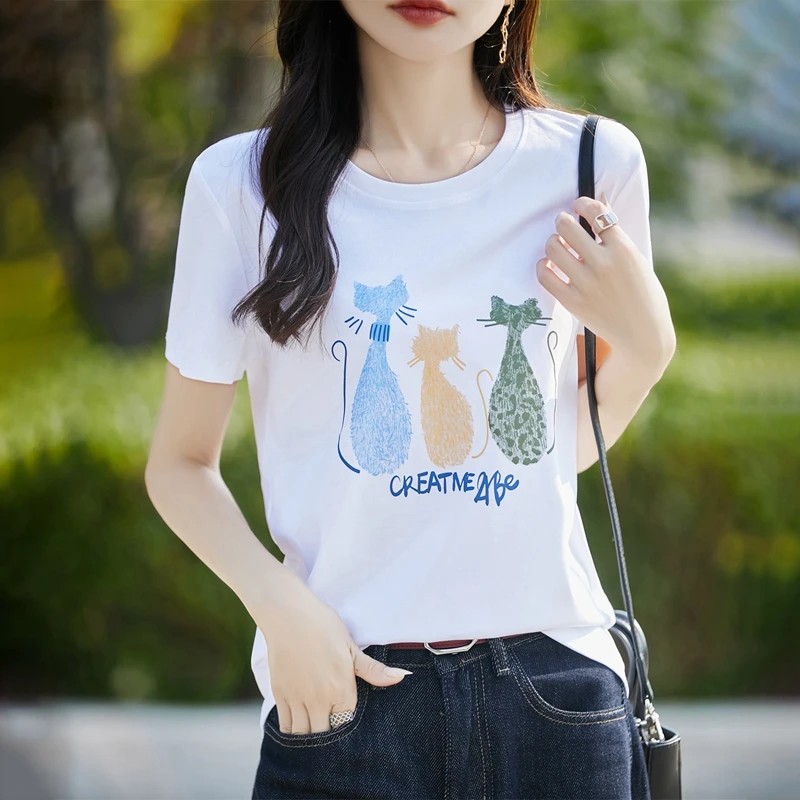 

Summer 100% Cotton Short-Sleeved T-shirt Women's Round Neck Embroidered Printed Mercerized Cotton Loose Bottoming Top