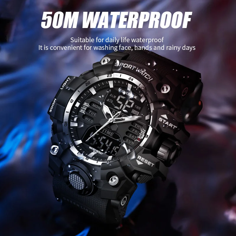 FOXBOX Design Военные мужские часы Водонепроницаемые цифровые модные большие часы с двойным дисплеем для мужчин Светодиодные мужские кварцевые наручные часы с коробкой