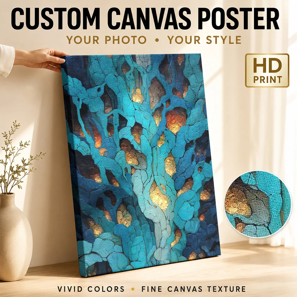 Blue And Gold Branching Veins Canvas Poster Customized Photo Expressive Color Composition Wall Art For Modern Apartment Lounge