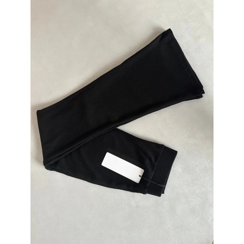 Women Knit Flared Pants Solid Color Small Logo High Waist Wide Leg Micro Bootcut Long Trousers Street Fitness Athleisure Wear