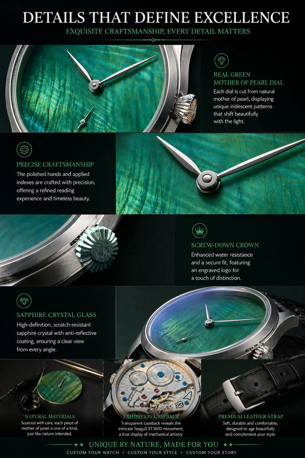 Custom Logo Mechanical Watch 42mm Seagull ST3600 Hand Wind Sapphire Crystal Green Mother of Pearl Dial Gift Men