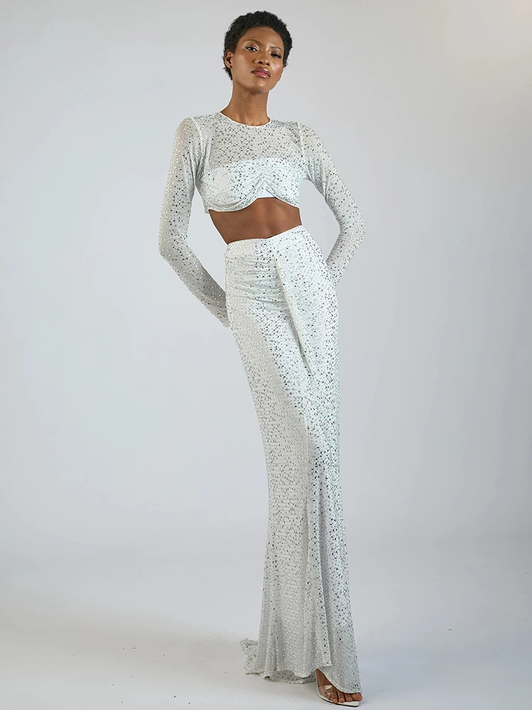 Fashion Cocktail Party Allure White Sequin Crop Top & Skirt Set Sexy Nightclub Evening Gown with Long Sleeves