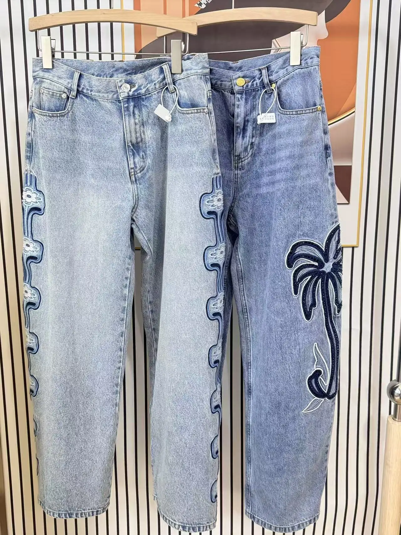 High Waist Embroidered Coconut Tree Decorative Side Fashion Floral Chinese Style Jeans Cotton Straight Leg Ladies Summer
