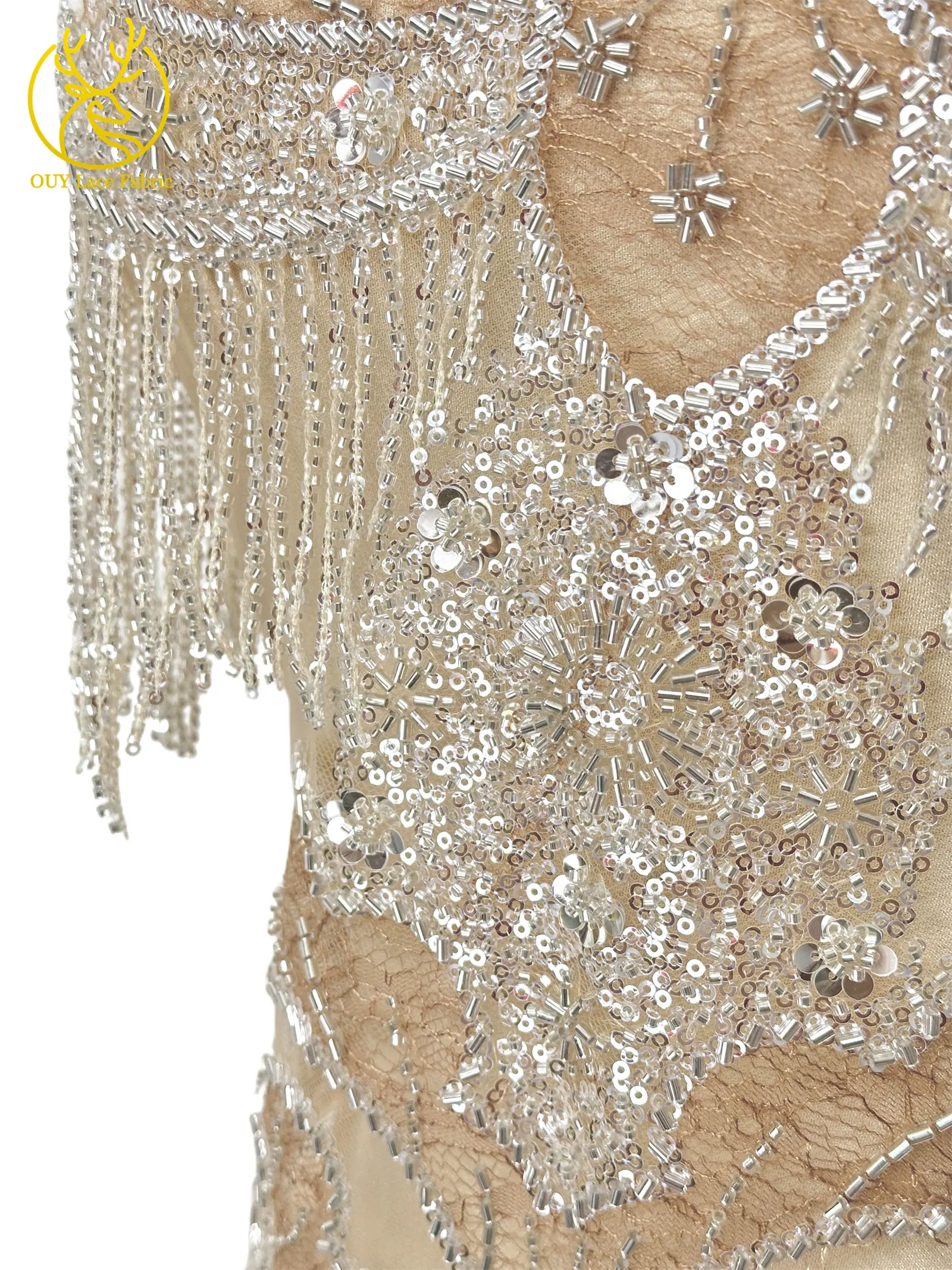 Goldene französische 3D-Laser-Quasten-Perlen-Spitze, luxuriöser afrikanischer Pailletten-Spitzenstoff, nigerianischer Mesh-Spitzenstoff für Damen-Hochzeiten – Detail 8