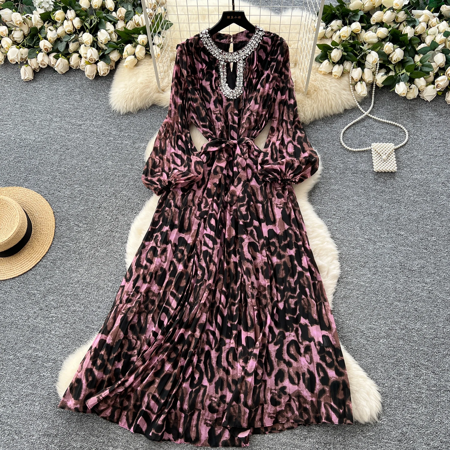 Chic vintage sexy long sleeve leopard A-line Dress Fashion korean fashion Slim summer Elegant robe dresses
