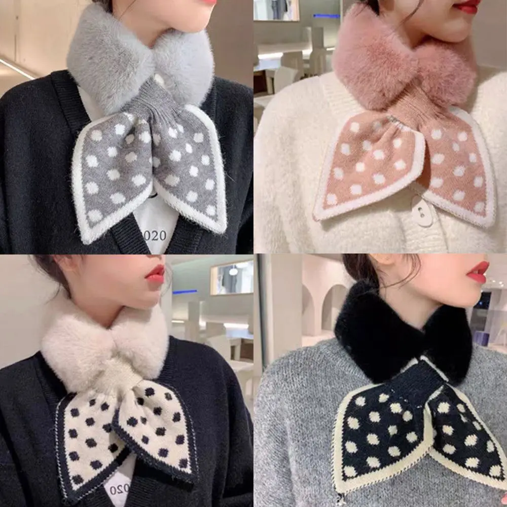 New Fashion Bow Plush Knit Soft Warm Scarf Women Winter Faux Rabbit Fur Thicken Windproof Lady Cross Scarf