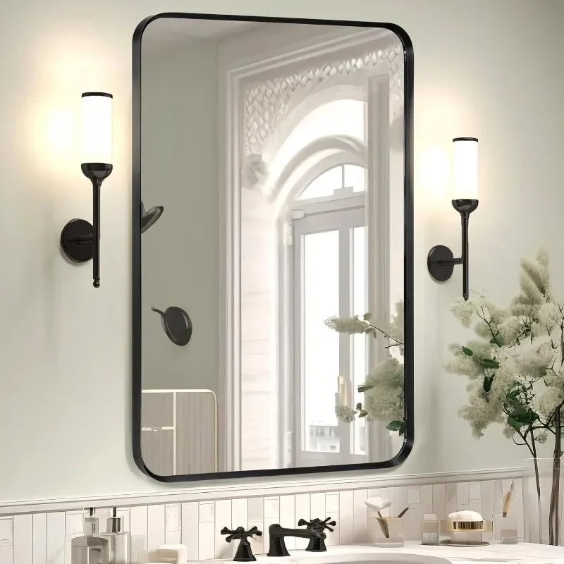 Wall Mount Mirror for Bathroom, Brush Black Metal Framed Rounded Corner Rectangular Vanity Mirror (20