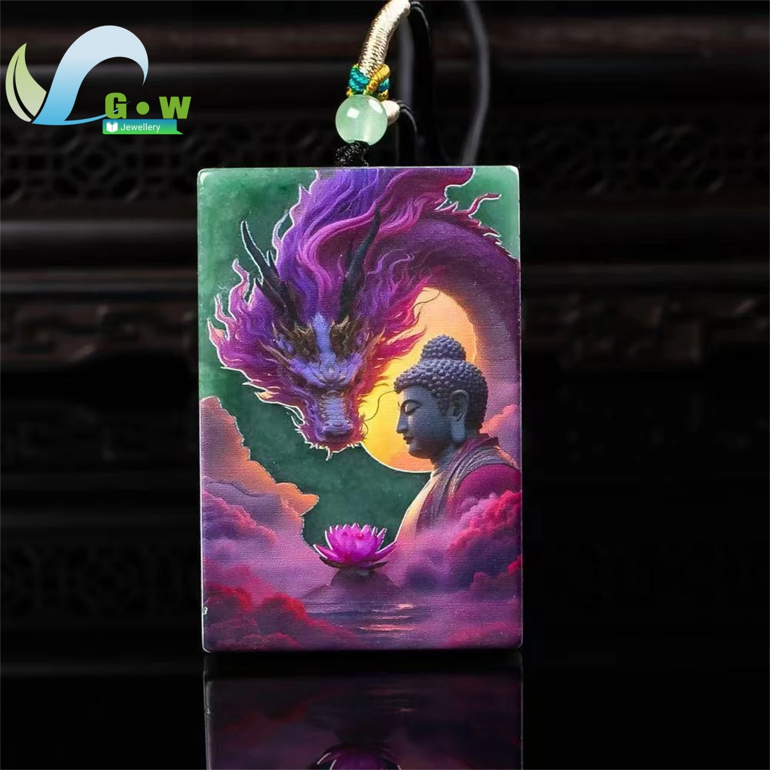 Natural Grade A Jadeite Blue Water Ice Type Manjushri Bodhisattva Pendant Double Side Art Print Hanging Amulet Necklace Unisex