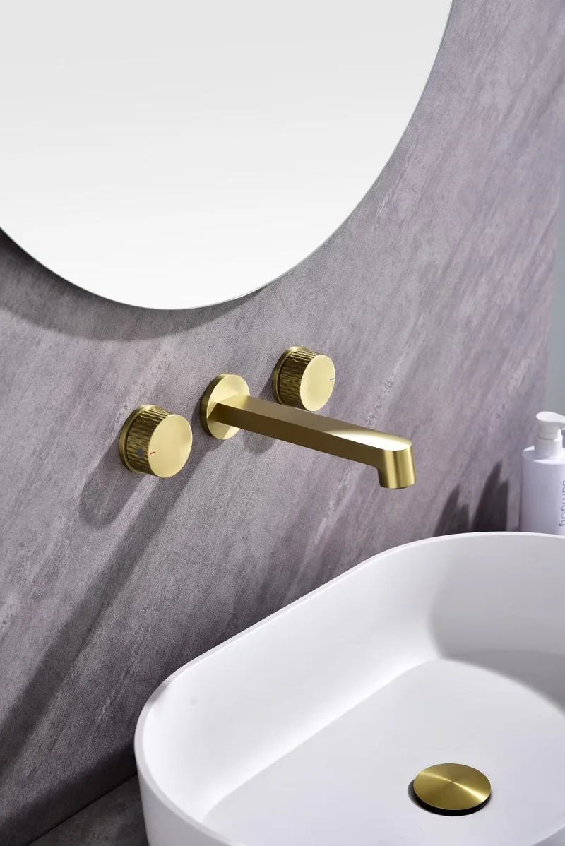 Premium All-copper Brushed Golden Gun Grey Basin Mixer Tap Recessed Bathroom Sink Faucet Hot/Cold water Art Design Wall Mounted