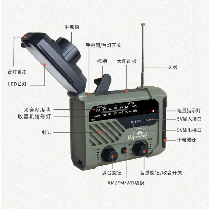 Household Multi-function Disaster Prevention Emergency Hand Crank Power Generation Radio Flashlight Outdoor Solar Manual Charger