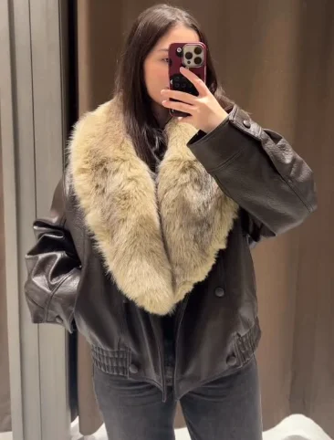 Brown Faux Fur Collar Leather Jacket Women Oversized Design Long Sleeve Coats 2025 Fashion Luxurious Versatile Party Outerwears