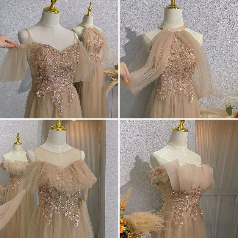 Robe de demoiselle d'honneur longue A-ligne pour femme, paillettes exquises, conception de bord à volants en maille, robe d'invité de fête de mariage, 4 styles