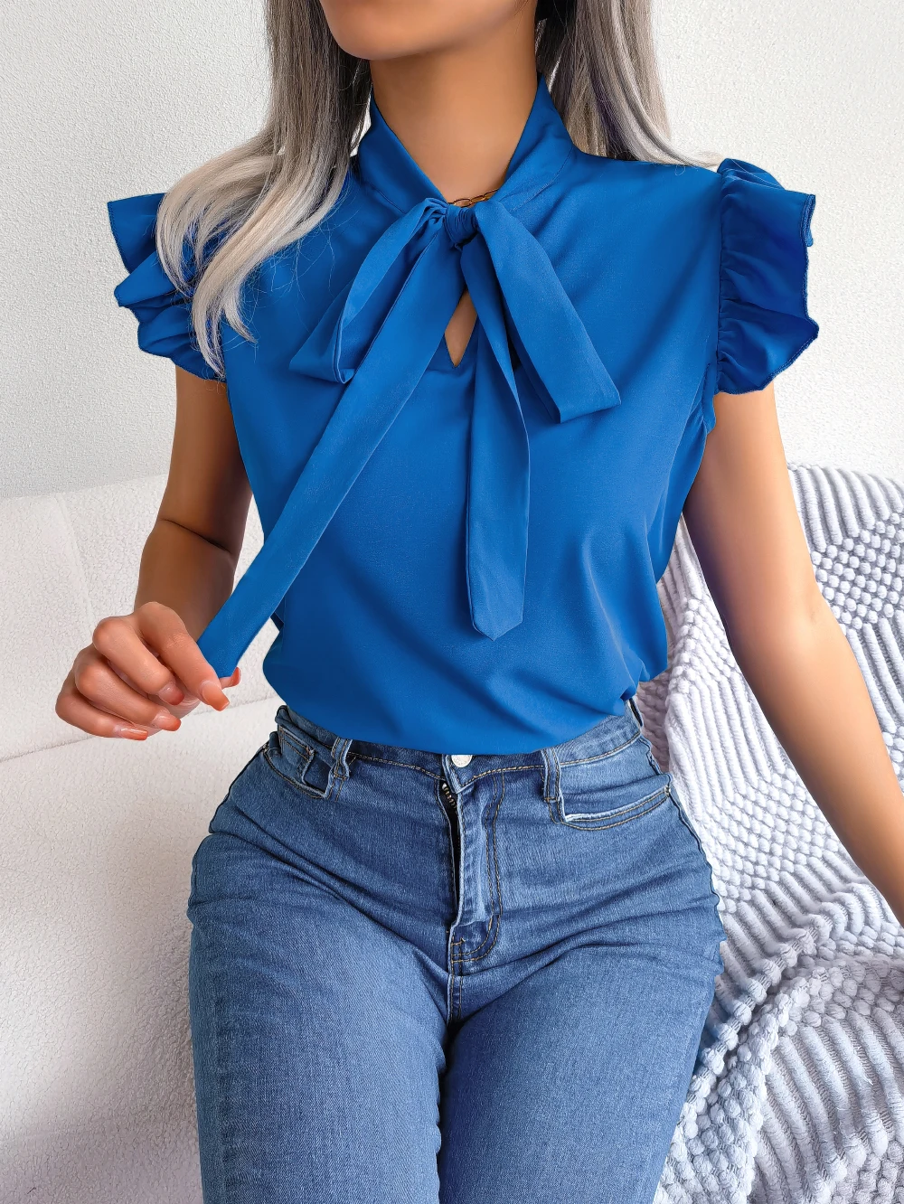 Women Summer Casual Bow Ruffle Short Sleeve Chiffon Blouse