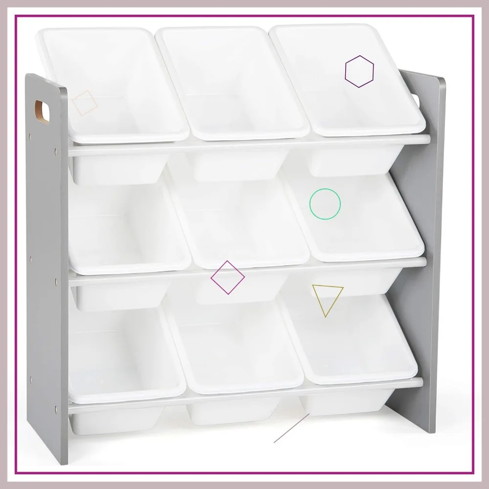 منظم ألعاب 9 صناديق مع صناديق قابلة للإزالة، وحدة تخزين من 3 طبقات لغرفة لعب الأطفال والحضانة باللون الرمادي والأبيض