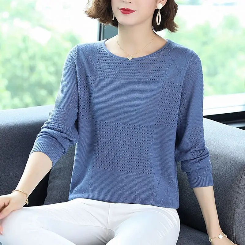 Autumn Winter Round Neck Elegant Vintage Knitted Sweater for Women 2023 New Solid Color All-match Long Sleeve Hollow Out Blouse