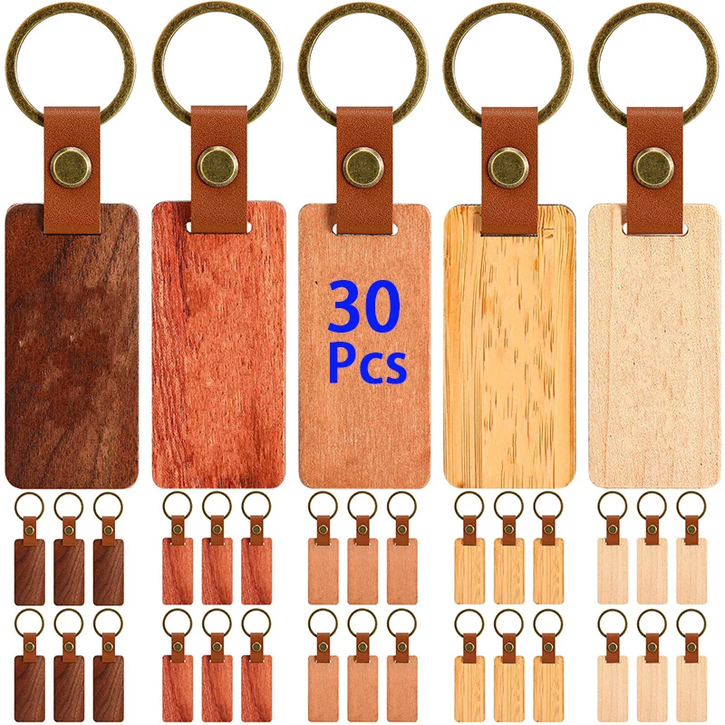 30Pcs Blank Wood Keychain Wooden Keyrings 5 Styles of Woods