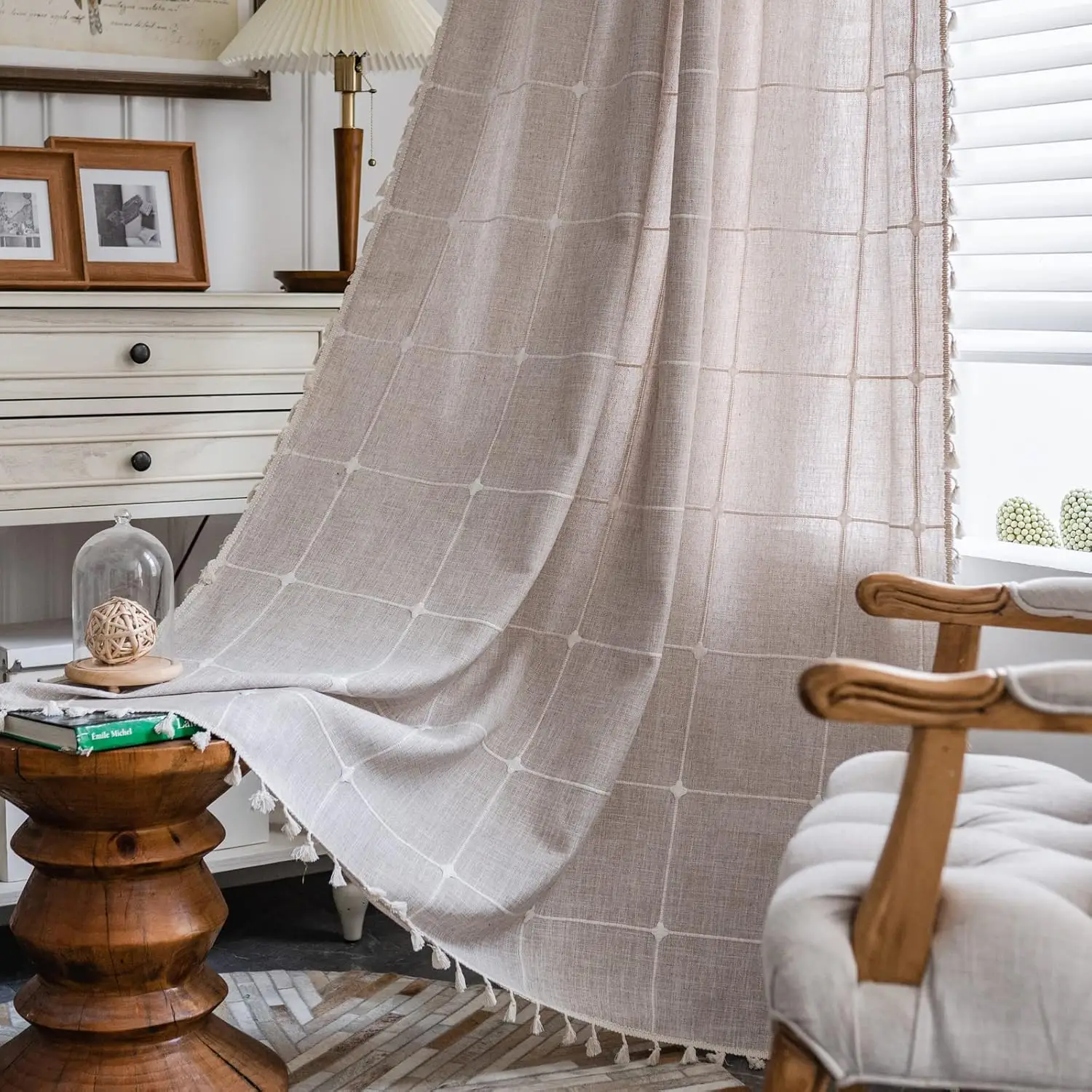 Farmhouse Semi-Blackout Window Curtains Embroidery Lattice Cotton Linen Darkening Curtains with Tassel for Dining Living Bedroom