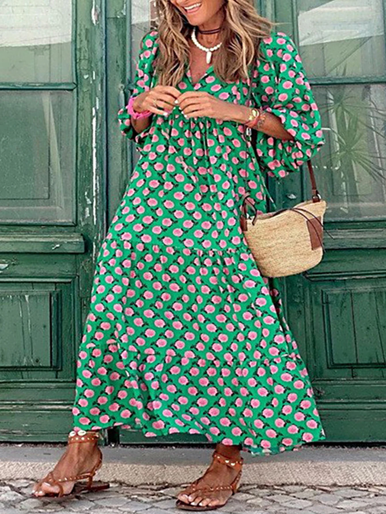فستان نسائي صيفي غير رسمي بأكمام منتفخة وطباعة نقطية وياقة نصف مفتوحة وطول متوسط طراز Cottagecore للمواعدة اليومية