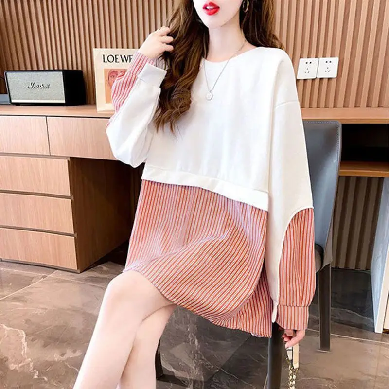 Women Striped Patchwork Lace Up Oversized Streetwear Sweatshirts Female Korean Fashion Long Sleeve Pullover Tunic Tops Y2K Ropa