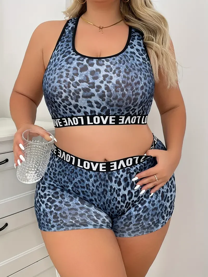 Women's Sports Underwear Set, Leopard Print, Letter Tape, Racer Back Bra & Boyshorts, Plus Size, Plus Size, 2 Pcs