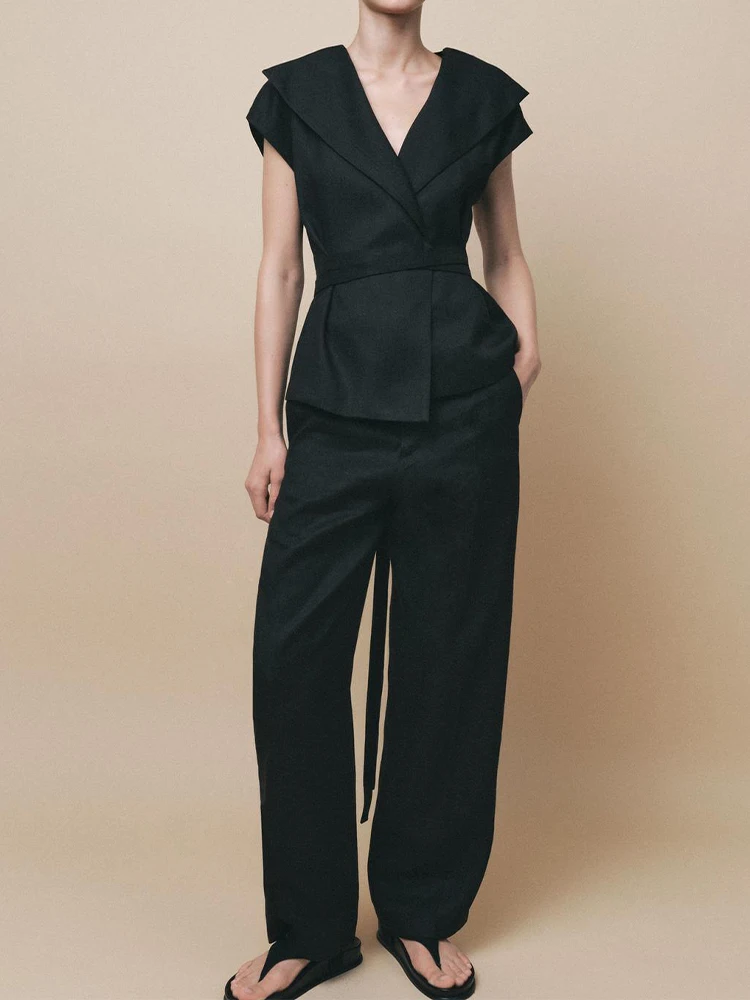 

Summer New Arrivals Women's Clothing Linen Blend Lapel Sleeveless Drop Shoulder Vest Mid-Rise Straight Pants Set