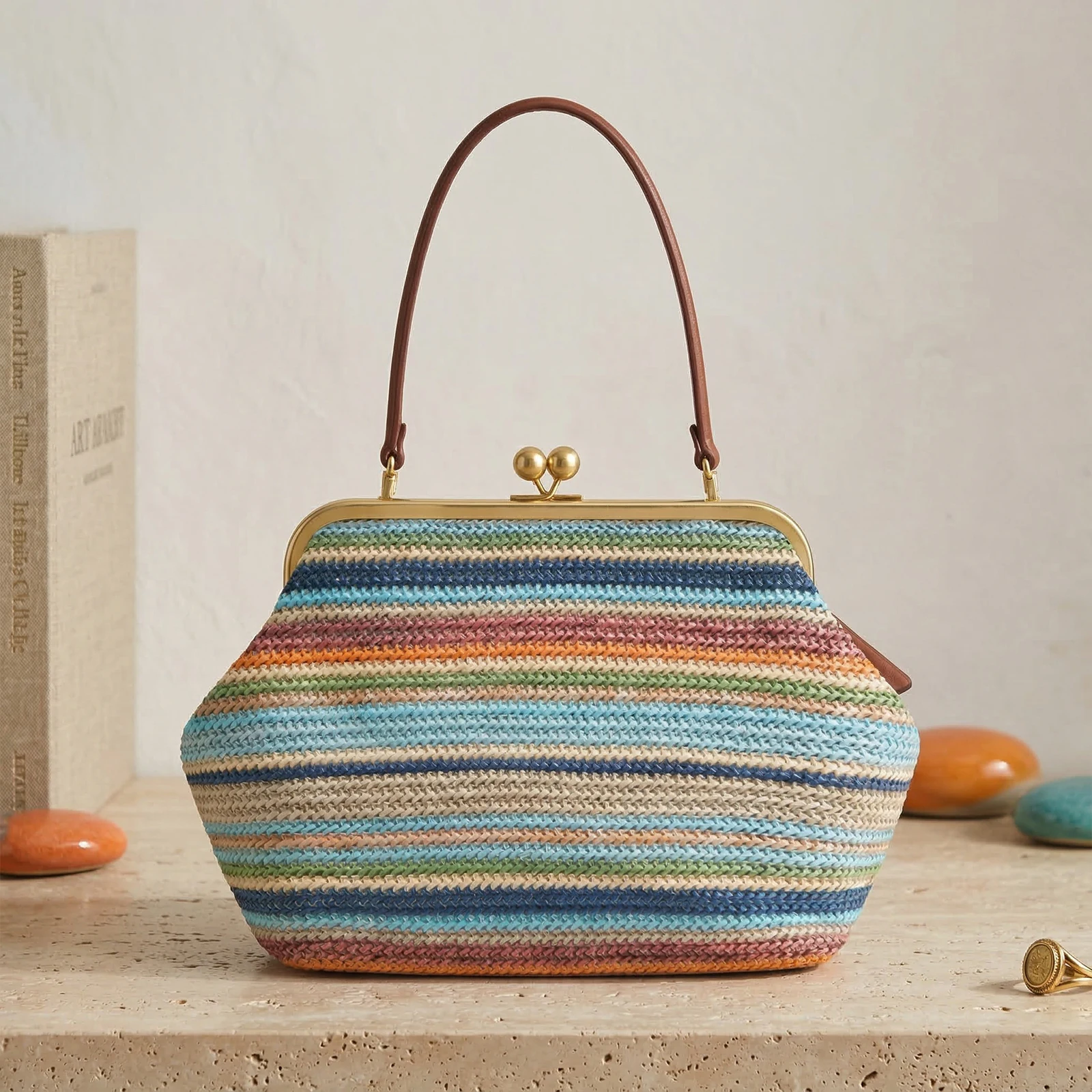 Women Straw Casual Handbag Stylish Woven Bag Versatile Striped Buckle Bag for Summer Vacation Travel