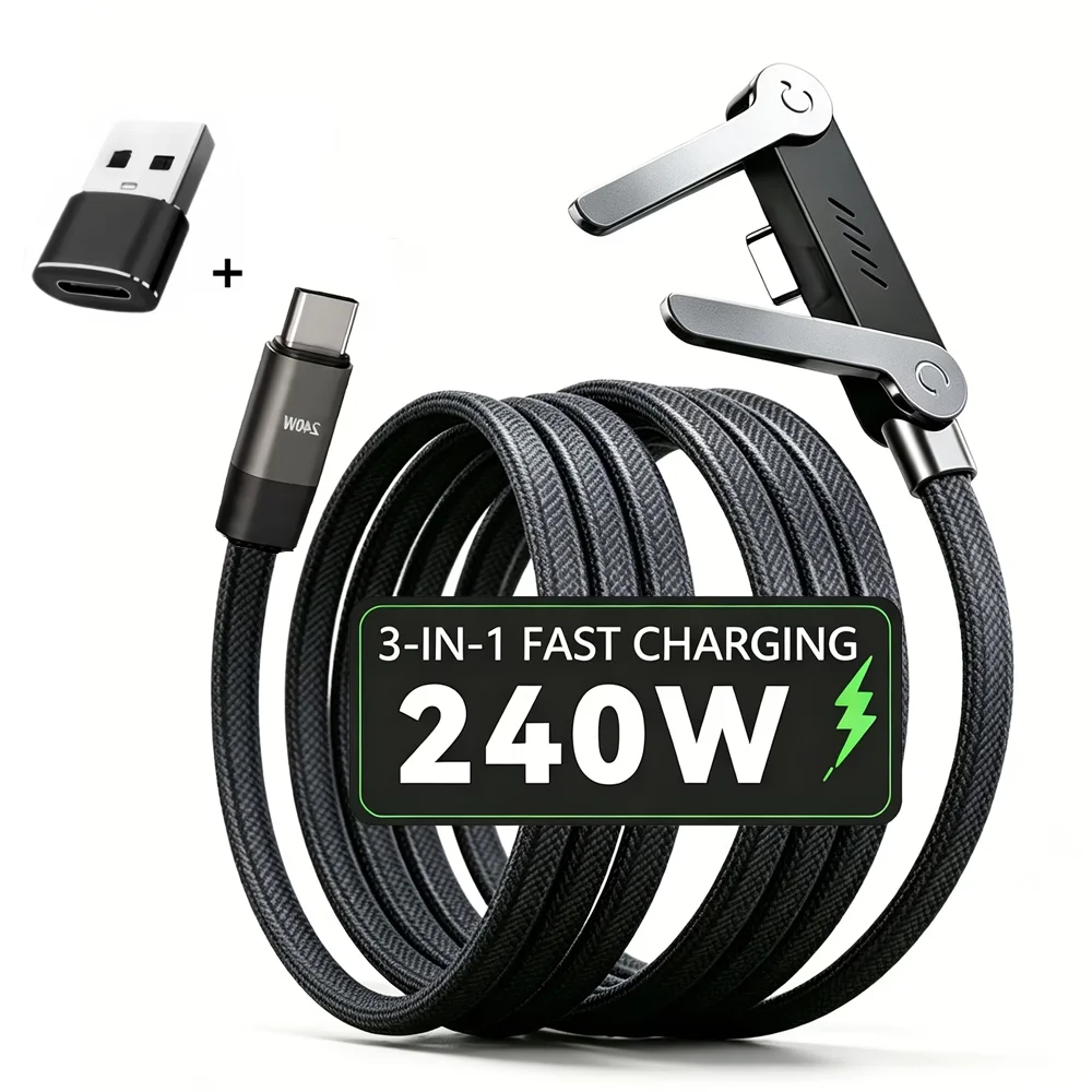 240W PD 2-in-1 Fast Charging Cable with Foldable Phone Holder Stand for iPhone Samsung Xiaomi Tablet Laptop Charger Cord+USB OTG