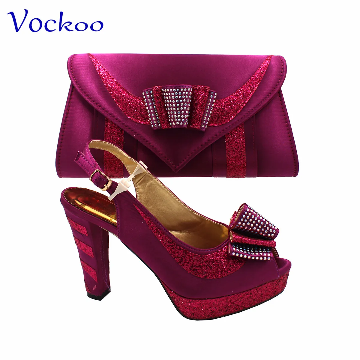 2023 High Quality Italian Women Shoes Matching Bag Set in Magenta Color Peep Toe with Platform
