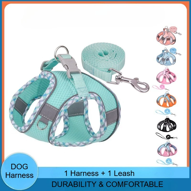 

Светоотражающий дышащий жилет-шлейка для домашних животных с поводком, подходит для маленьких и средних собак и кошек, однотонный, простой, в различных цветах