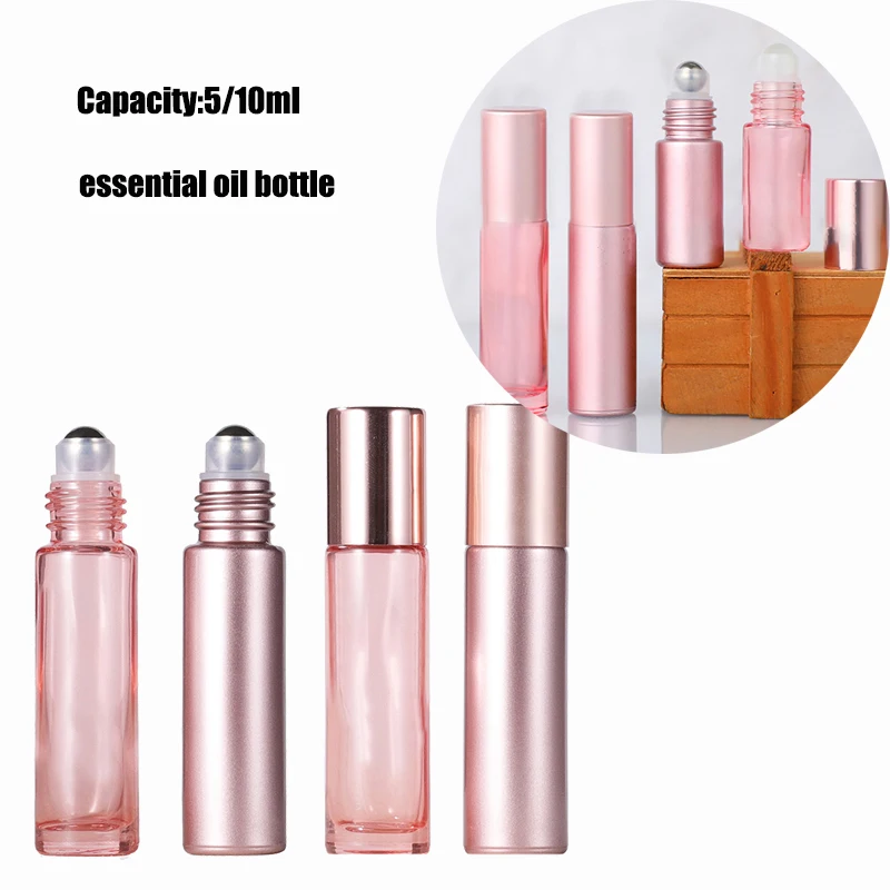 Empty Jar Glass Perfume Bottle 1PCS 5/10ml Pink Roller Bottle Essential Oil Lip Gloss Glass Roll On Bottle Refillable Tube