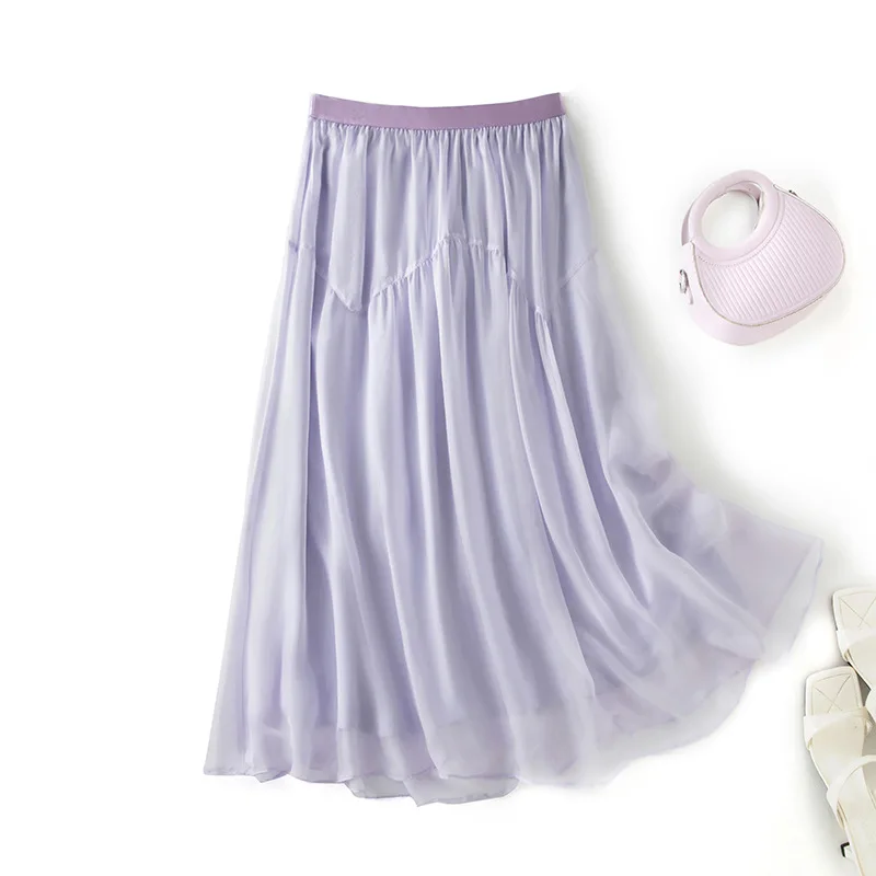 Winsleter-8MM 100%Silk Elegant Skirts, Elastic Waist Ruffles, Women Vacation Party Thin A-line Skirt, 2026 Autumn New B68442CC