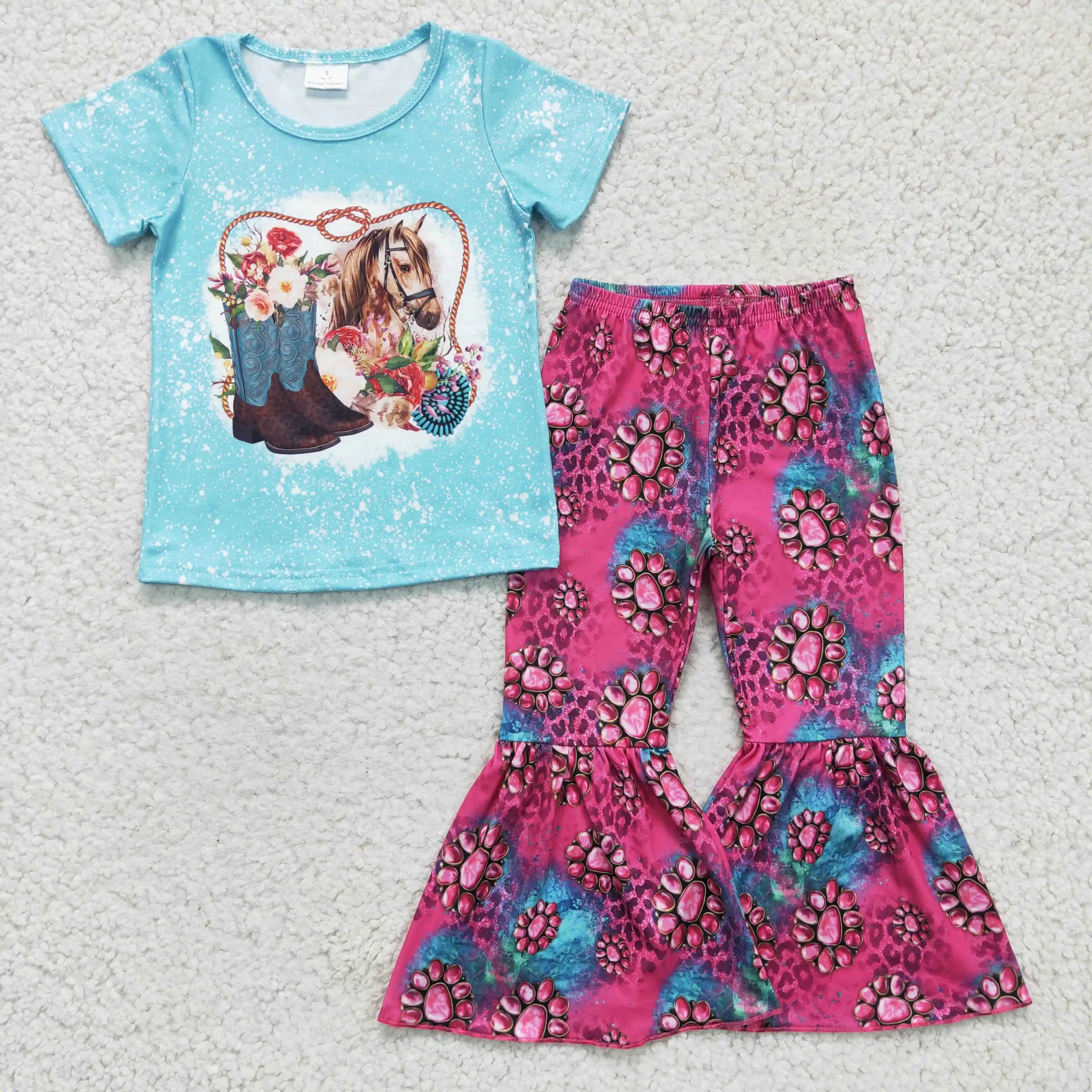 New arrivals RTS no moq fancy  baby girls western sets horse pattern little kids bell bottoms children's leopard outfits