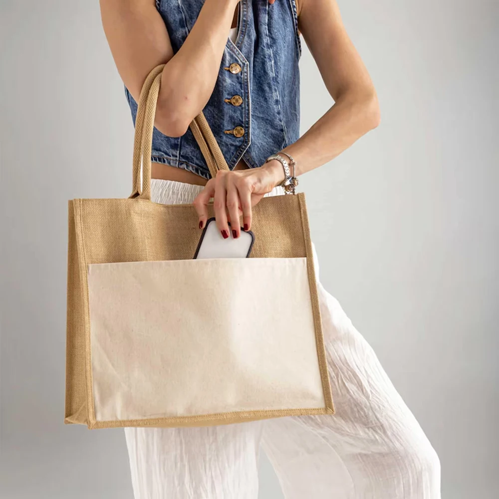 Custom Beach Wedding Tote Bag Durable Jute Material Tote Bag Customizable Floral Printed Shoulder Bag Wedding Favor Gift Bag
