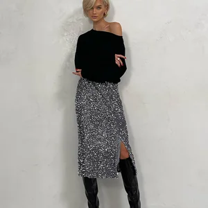 Stock Paillettenrock Silber, Midi -Röcke, Schlitz, hohe Taille, lang, Vintage, Punk, elegant, sexy, Sommer 8 Hauptverkäufe schwarzer Metallic -Rock - №7